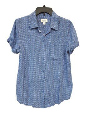 Croft & Barrow Women's Blue Geometric Print Short Sleeve Button Down Blouse S